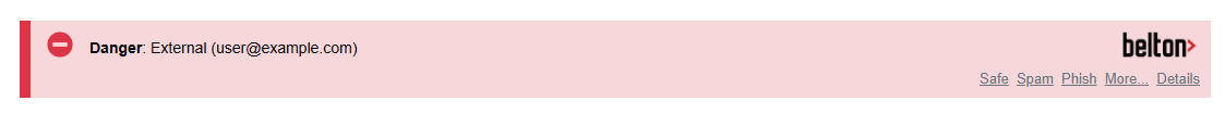 A red warning banner above an email reading Danger, External, with Safe, Spam, Phish and Details buttons on the right