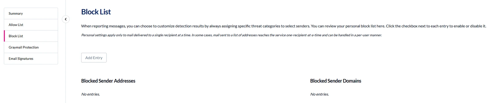 The personal filtering dashboard showing the Block List page, with a menu of Summary, Allow List, Block List, Graymail Protection and Email Signatures, and an Add Entry button