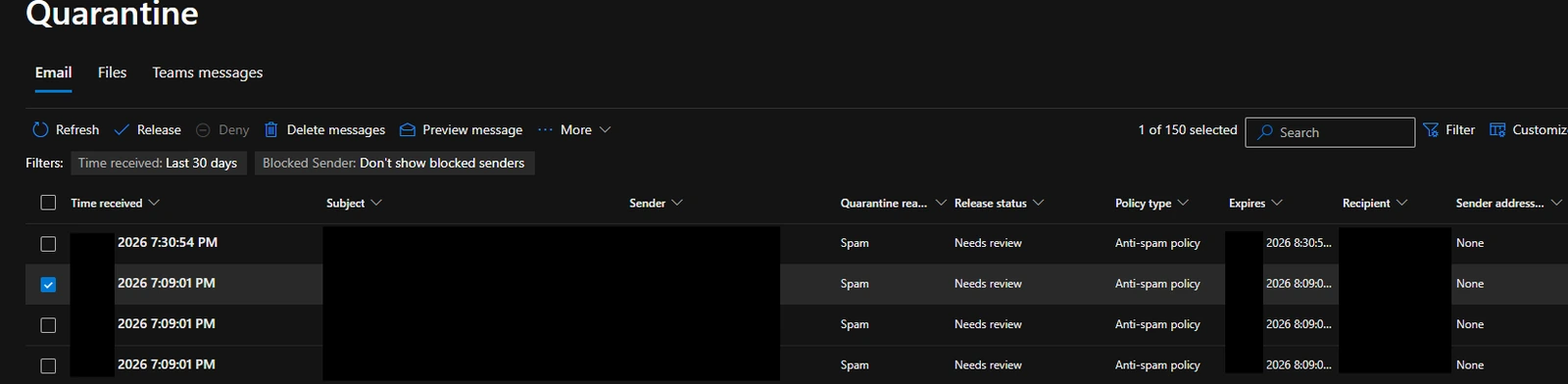 The Microsoft quarantine portal listing held emails with columns for time received, subject, sender, quarantine reason, release status and policy type, with sender and subject details redacted